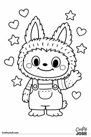 This Labubu coloring page features a friendly character waving hello, surrounded by floating hearts and stars in a clean, minimal layout