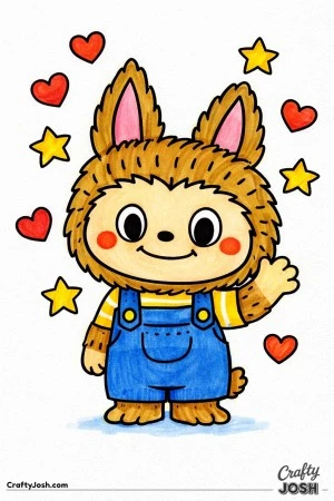 This Labubu coloring page features a friendly character waving hello, surrounded by floating hearts and stars in a clean, minimal layout