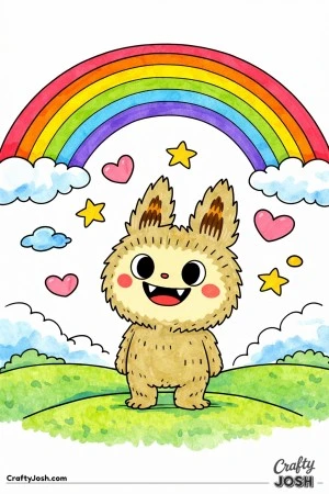This Labubu-inspired coloring page features a happy character standing under a large rainbow, looking upward as hearts and stars float through the sky