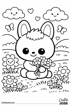 This adorable Labubu-inspired coloring page features a sweet, friendly character kneeling in a grassy meadow while carefully picking flowers.