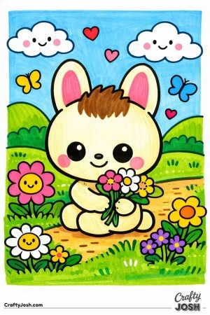 This adorable Labubu-inspired coloring page features a sweet, friendly character kneeling in a grassy meadow while carefully picking flowers.