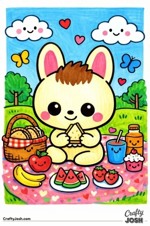This cute Labubu-inspired picnic coloring page features a friendly character sitting happily on a heart-decorated picnic blanket, surrounded by ..
