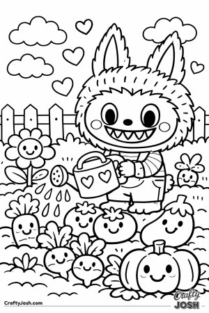 This Labubu gardening coloring page features a cute character watering smiling plants, flowers, and vegetables