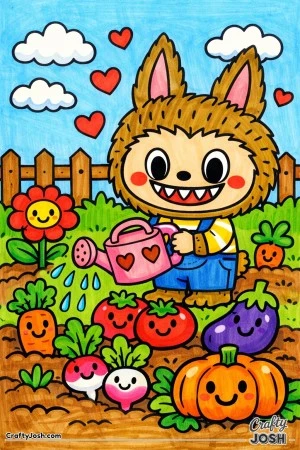 This Labubu gardening coloring page features a cute character watering smiling plants, flowers, and vegetables