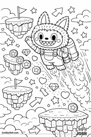 This Labubu-inspired coloring page features a playful character flying through a sky-islands level using a jetpack, surrounded by floating platforms, ..