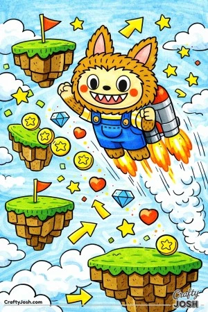 This Labubu-inspired coloring page features a playful character flying through a sky-islands level using a jetpack, surrounded by floating platforms, ..
