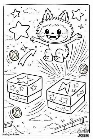 This action-packed coloring page features a Labubu-inspired character mid-jump between chunky floating platforms, with arms extended and legs tucked ..