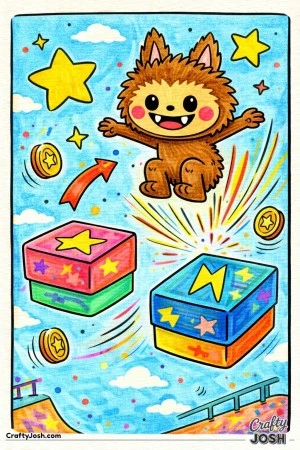 This action-packed coloring page features a Labubu-inspired character mid-jump between chunky floating platforms, with arms extended and legs tucked ..