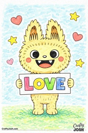 This Labubu-inspired coloring page features a smiling character holding a sign with the word “LOVE” written in big, playful bubble letters