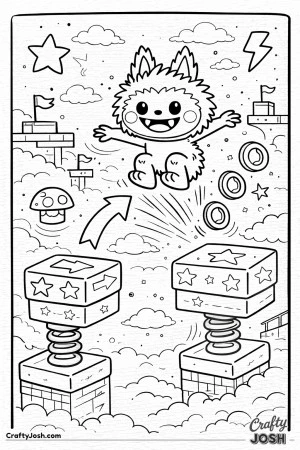 This fast-paced coloring page shows a Labubu-inspired character racing through a platformer-style sky level, jumping between floating platforms high ..