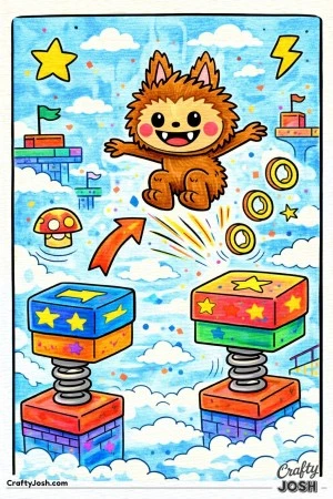 This fast-paced coloring page shows a Labubu-inspired character racing through a platformer-style sky level, jumping between floating platforms high ..