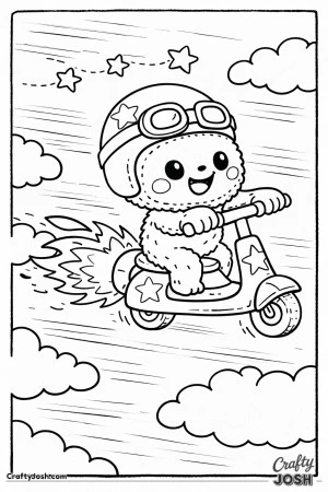 This printable coloring page features a Labubu-inspired character riding a rocket-powered scooter through the sky.