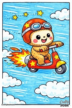 This printable coloring page features a Labubu-inspired character riding a rocket-powered scooter through the sky.
