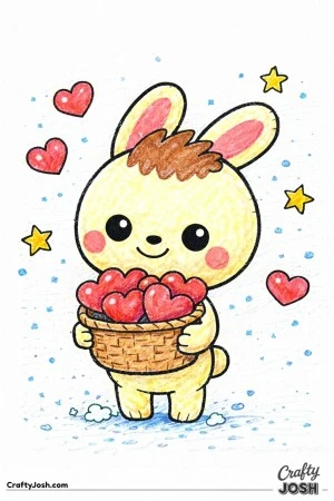 This Labubu-inspired coloring page features a sweet character gently holding a basket filled with hearts, with a few hearts floating upward around ..