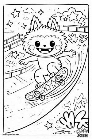 This energetic coloring page shows a Labubu-inspired character skateboarding fast down a curved ramp, arms out for balance and an excited smile on ..