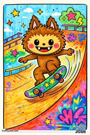 This energetic coloring page shows a Labubu-inspired character skateboarding fast down a curved ramp, arms out for balance and an excited smile on ..
