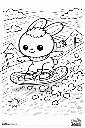 This Labubu-inspired coloring page shows a cute character snowboarding downhill with arms out and ears flowing back as snow sprays behind the board
