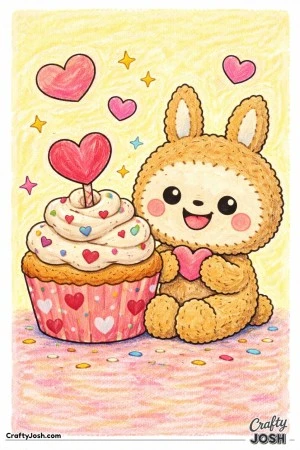 This printable coloring page features a Labubu-inspired character sitting beside a large Valentine cupcake topped with a heart decoration