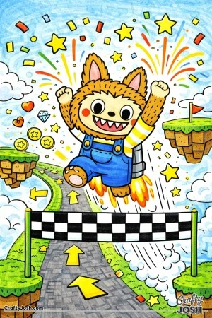 This Labubu-inspired coloring page shows a joyful character leaping through a checkered finish line at the end of a game level, surrounded by ..