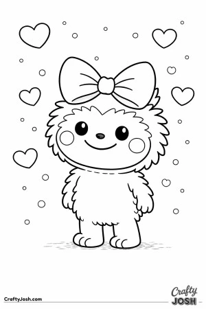 This adorable coloring page features a Labubu-inspired character standing centered and smiling softly while wearing a big Valentine bow on its head