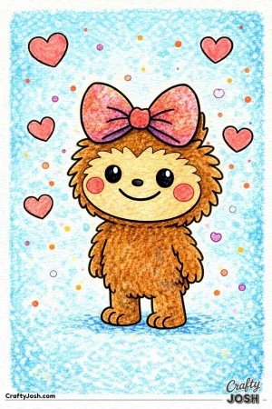 This adorable coloring page features a Labubu-inspired character standing centered and smiling softly while wearing a big Valentine bow on its head