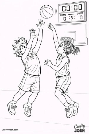 A young basketball player leaps with arms fully extended to contest a last-second shot as the opposing player releases the ball near the hoop with ..