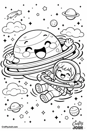 planet with hula-hoop rings laughs in space while a smiling girl astronaut spins along on one of the rings