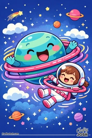 planet with hula-hoop rings laughs in space while a smiling girl astronaut spins along on one of the rings