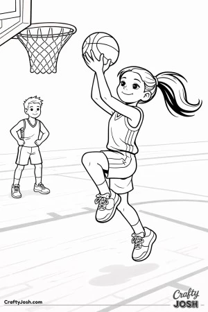 A young basketball player finishes a layup near the hoop while a teammate watches from the free-throw line after making a quick pass