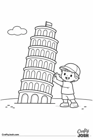This playful picture shows the Leaning Tower of Pisa tipping gently as a cheerful child pretends to hold it up