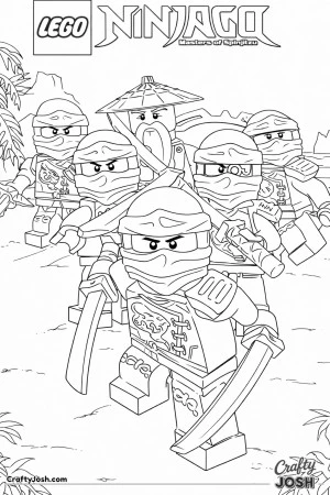 A brave team of LEGO ninjas charges forward with shiny swords, ready for an exciting adventure on a sunny beach.