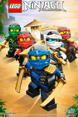 A brave team of LEGO ninjas charges forward with shiny swords, ready for an exciting adventure on a sunny beach.