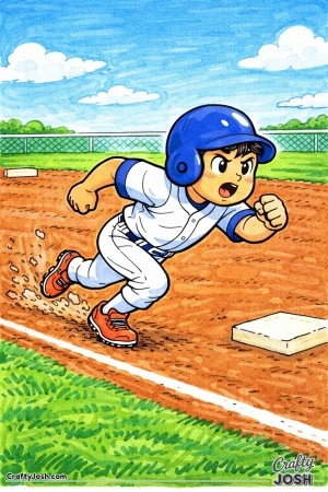 A young Little League baseball player is shown sprinting low and fast as they steal second base, with first base behind and second base ahead on a ..