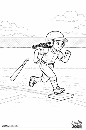 This coloring page shows a young baseball player starting her run to first base as the bat drops behind her on the field