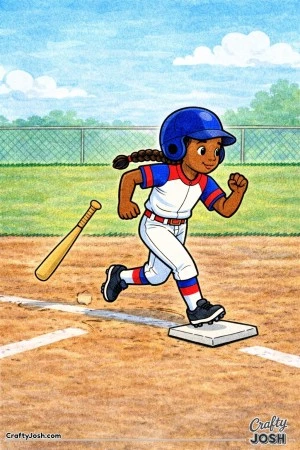This coloring page shows a young baseball player starting her run to first base as the bat drops behind her on the field
