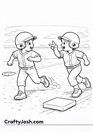 Two young baseball players communicate between bases during a play, with one runner signaling while the other heads toward second base