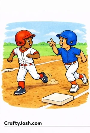 Two young baseball players communicate between bases during a play, with one runner signaling while the other heads toward second base