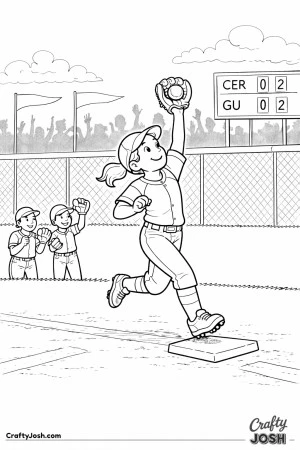 This coloring page shows a young outfielder jumping near the fence to make a catch while teammates react behind her