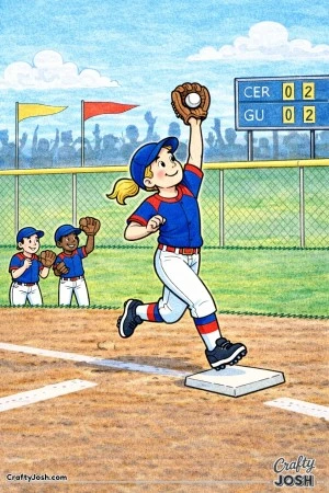 This coloring page shows a young outfielder jumping near the fence to make a catch while teammates react behind her