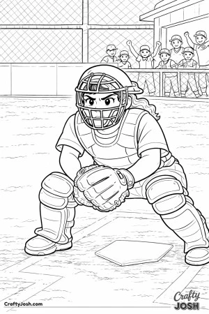 A young Little League catcher is shown bracing herself in front of home plate with knees bent and glove low, ready for a close play