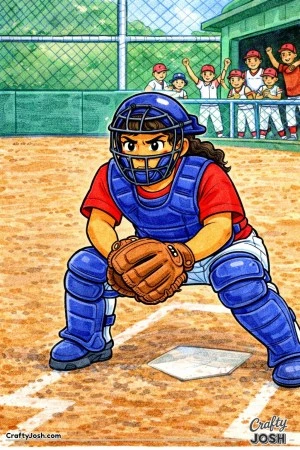 A young Little League catcher is shown bracing herself in front of home plate with knees bent and glove low, ready for a close play