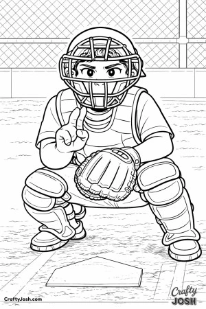 A young Little League catcher is shown crouching behind home plate, giving pitching signs with one hand while holding his glove on his knee