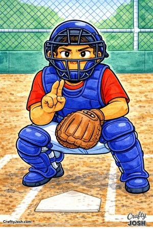 A young Little League catcher is shown crouching behind home plate, giving pitching signs with one hand while holding his glove on his knee