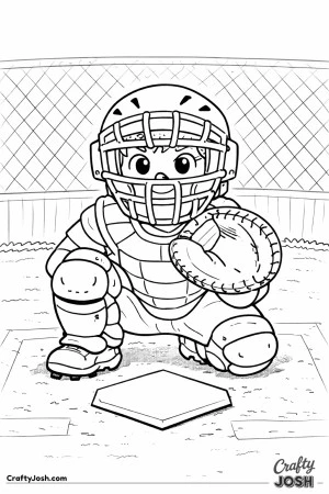 This coloring page shows a Little League catcher crouched behind home plate wearing full protective gear with a glove ready to catch the ball