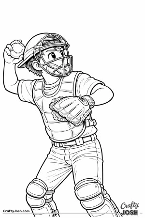 A young Little League baseball catcher is shown standing up with the ball held back in his throwing hand, ready to make a strong throw