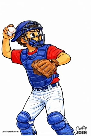 A young Little League baseball catcher is shown standing up with the ball held back in his throwing hand, ready to make a strong throw