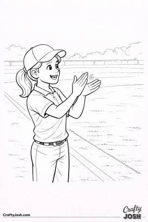 A baseball coach stands near the foul line clapping proudly and cheering on the players during a game