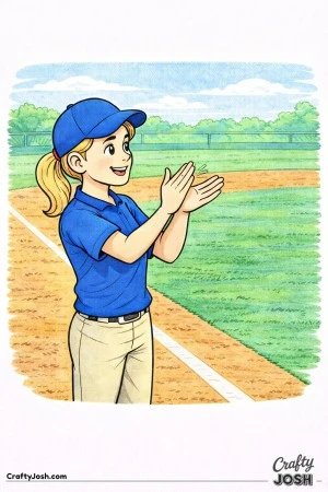 A baseball coach stands near the foul line clapping proudly and cheering on the players during a game