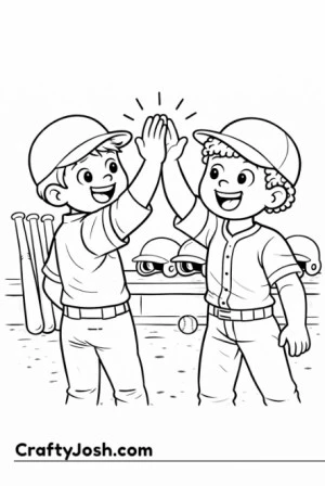 Two Little League teammates celebrate in the dugout by giving each other a high-five, with baseball bats and helmets lined up behind them