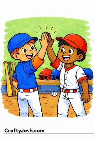 Two Little League teammates celebrate in the dugout by giving each other a high-five, with baseball bats and helmets lined up behind them